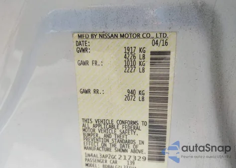 2016 Nissan Altima 2.5/2.5 S/2.5 Sl/2.5 Sr/2.5 Sv из США, поврежденный, VIN 1N4AL3AP2GC217329